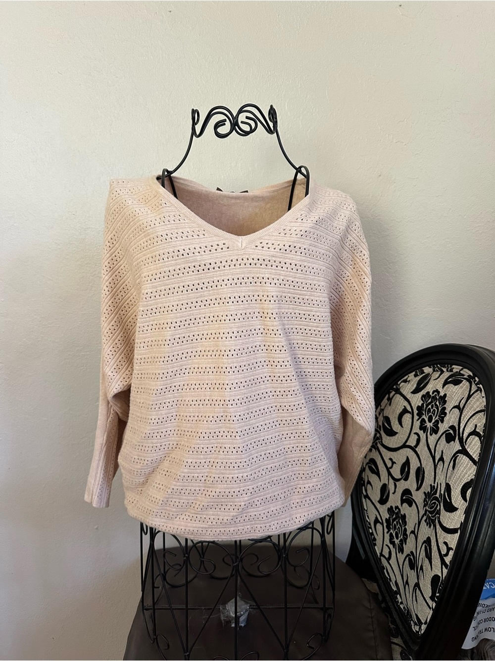 Light Nude Pink V-Neck Pointelle Knit Sweater